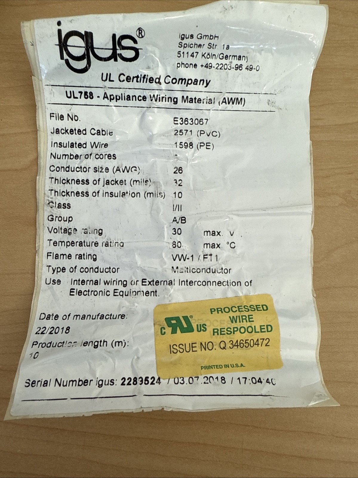 NEW! IGUS CFBUS.PVC.045 Chainflex Ethernet CAT5e Cable – 10m – E363067