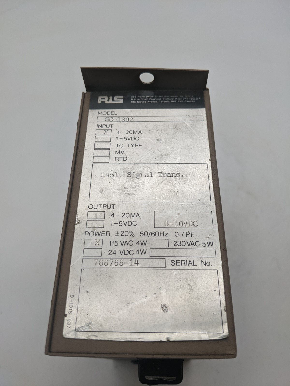RIS SC-1302 Voltage/Current Isolated Transmitter 115VAC 4-20mA 1-5VDC 4W 50/60Hz