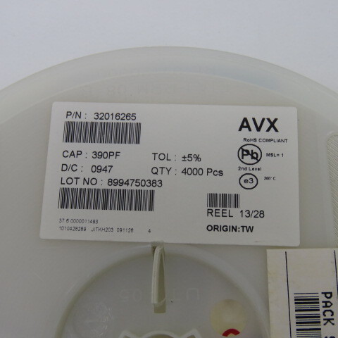 AVX 06035A391JAT2A Qty of 3250 per Lot CAPACITOR, 390 pF �5% 50V Ceramic Capaci
