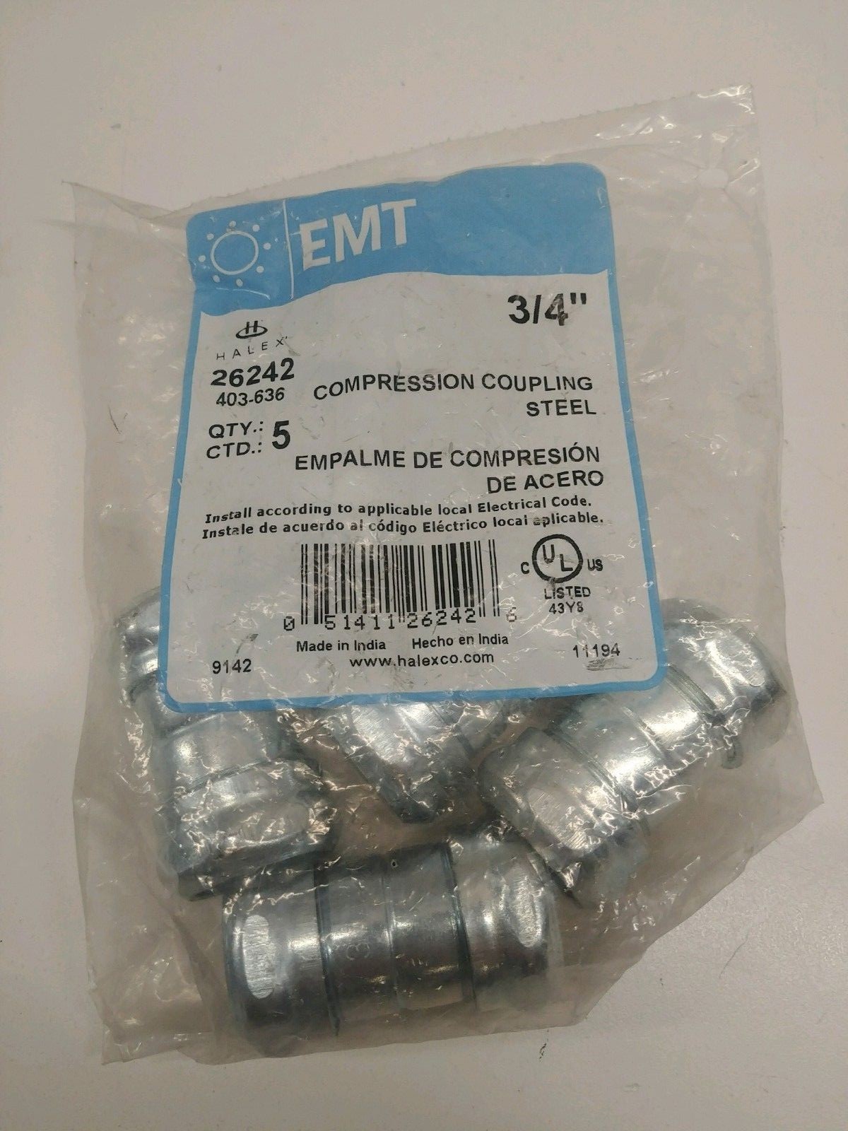 LOT OF (5) NEW OLD STOCK! HALEX EMT 3/4″ STEEL COMPRESSION COUPLINGS 26242