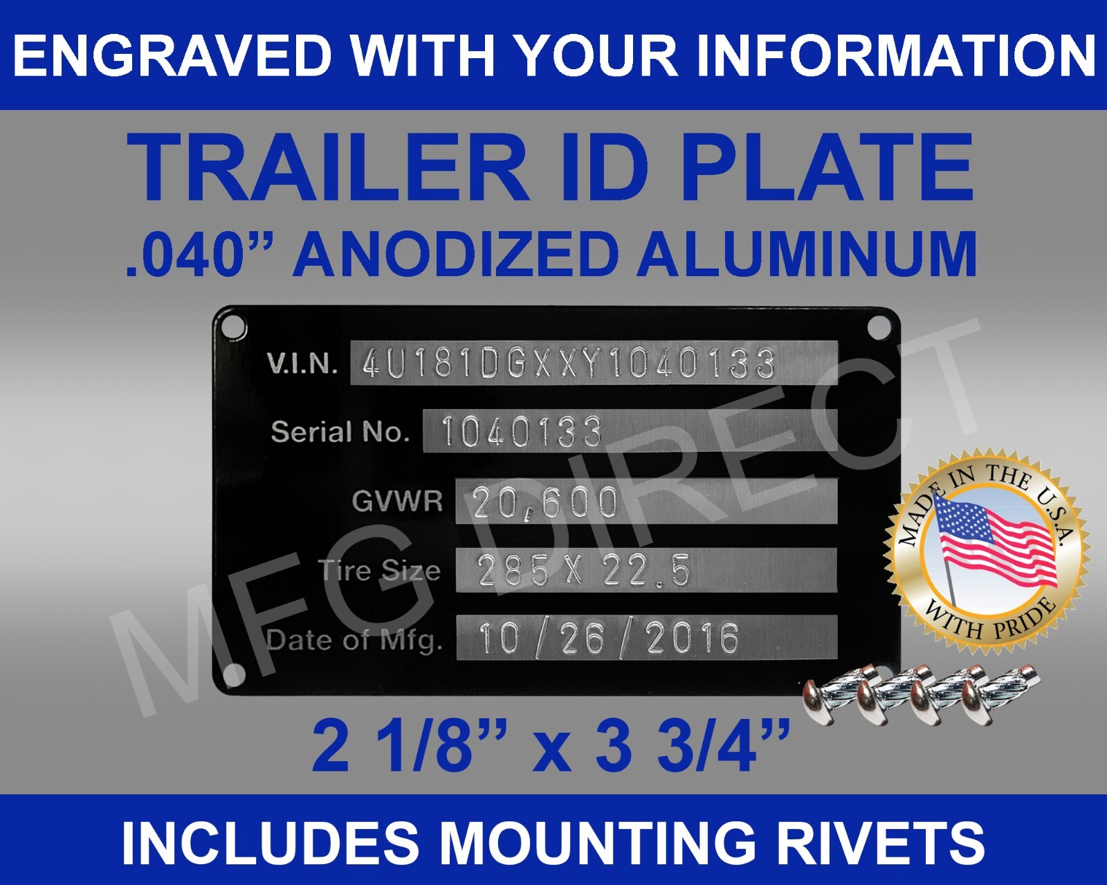 SERIAL NUMBER ID TAG Trailer Truck Equipment DATA PLATE CUSTOM ENGRAVED USA