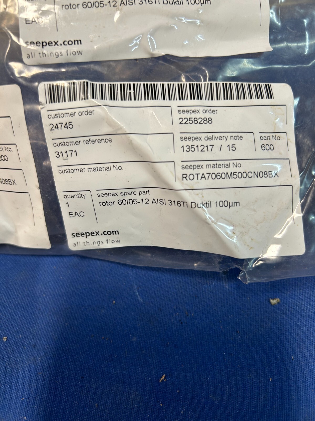 New no packaging Seepex Rotor 60/05-12 AISI 316ti duktil 100um part no 600