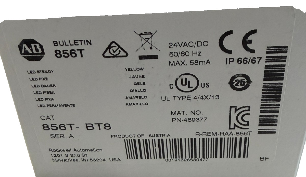 ALLEN BRADLEY 856T-BT8 STACK LIGHT SER. A 24VAC 50/60HZ 856TBT8 NEW, SURPLUS