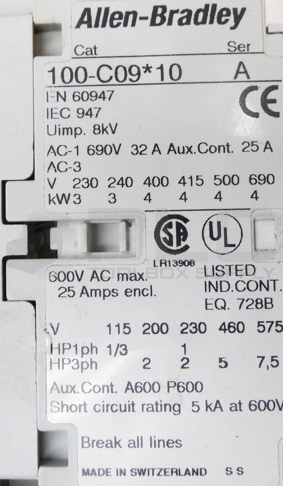 ALLEN BRADLEY 100-C09*10 /A CONTACTOR 600VAC 25A W/ 193-EA1EB /A OVERLOAD RELAY