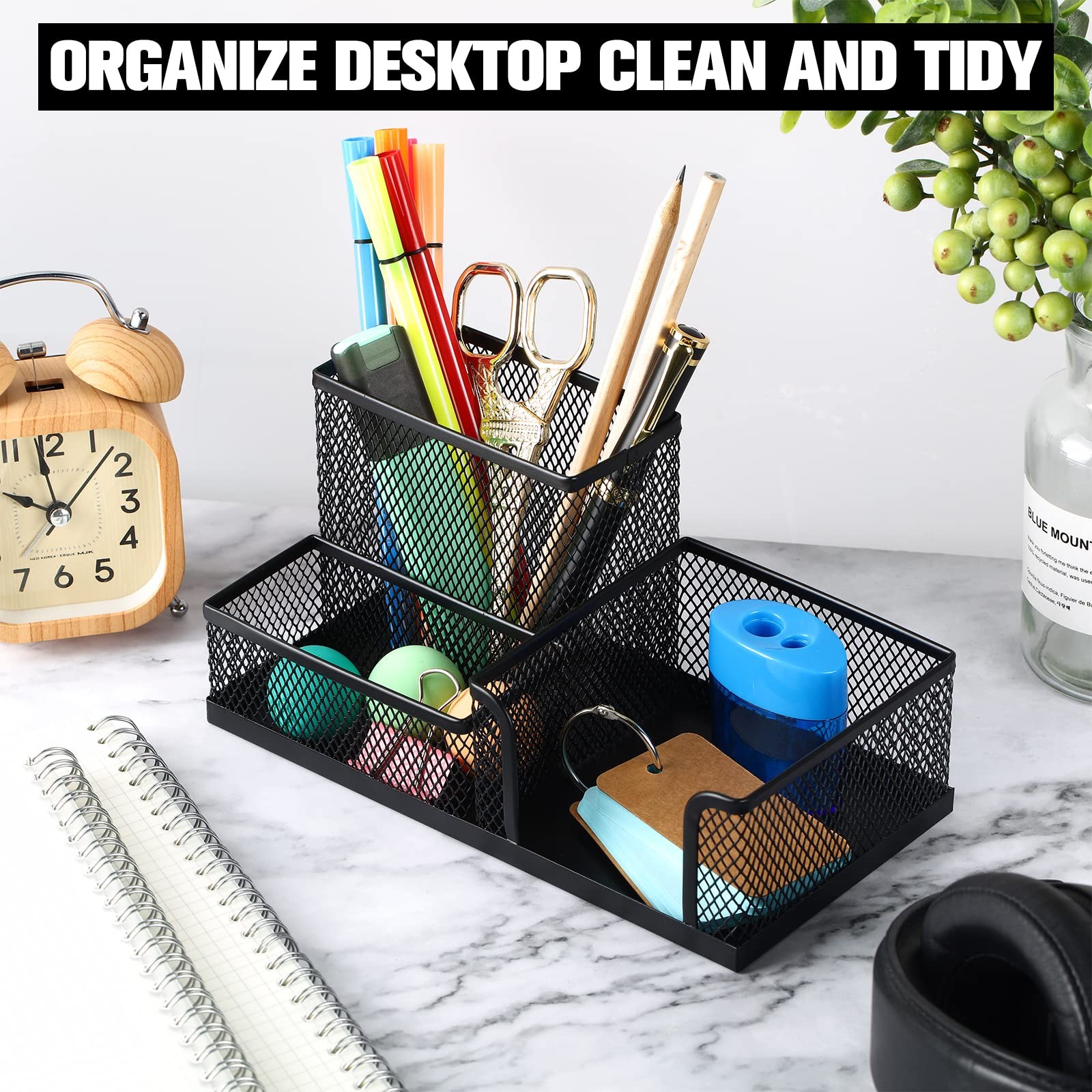 Ferraycle 4 Pcs Mesh Desk Organizer 3 Compartments Pen Holder black