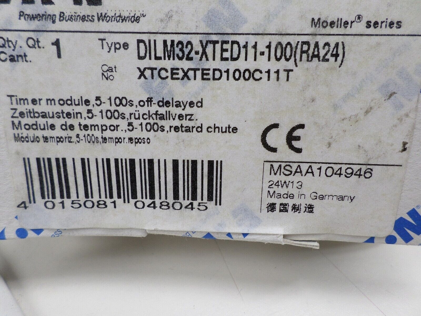 EATON Type DILM32-XTED11-100(RA24) Timing Relay XTCEXTED100C11T