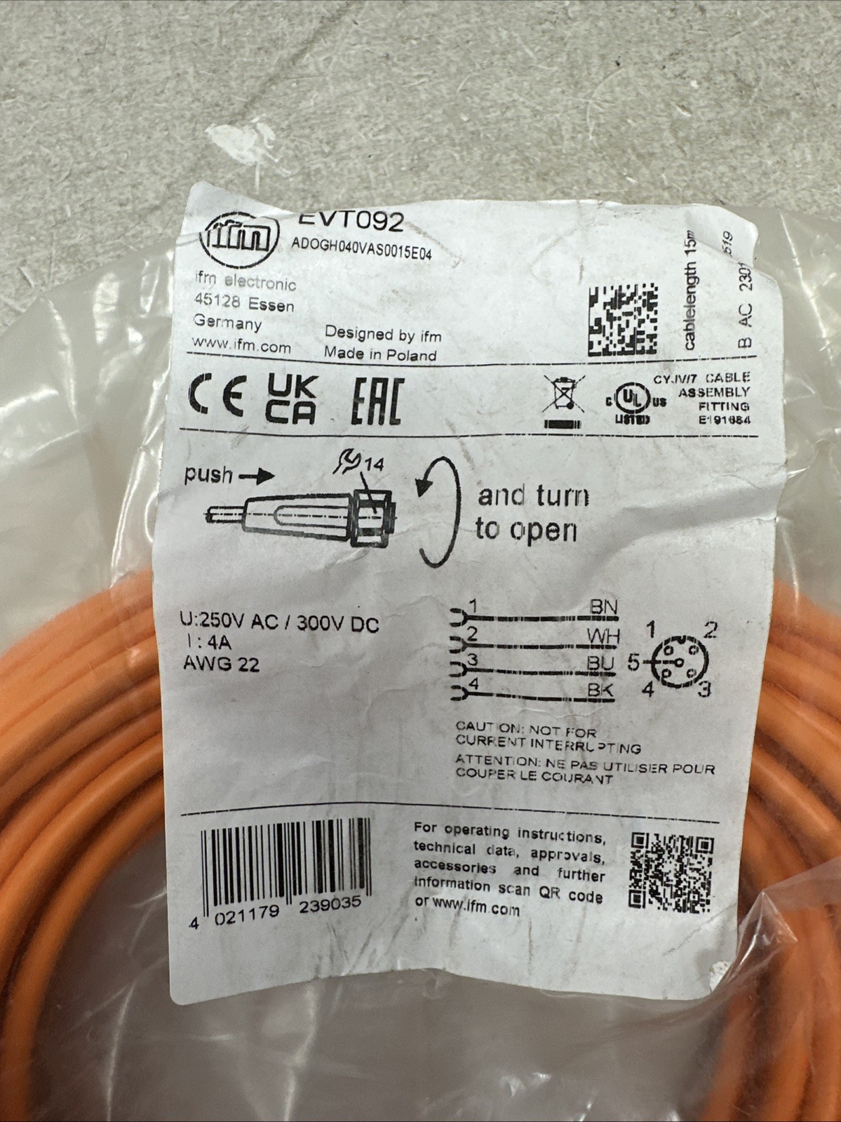 IFM Efector EVT092/ ADOGH040VAS0015E04 Cable STOCK H373A