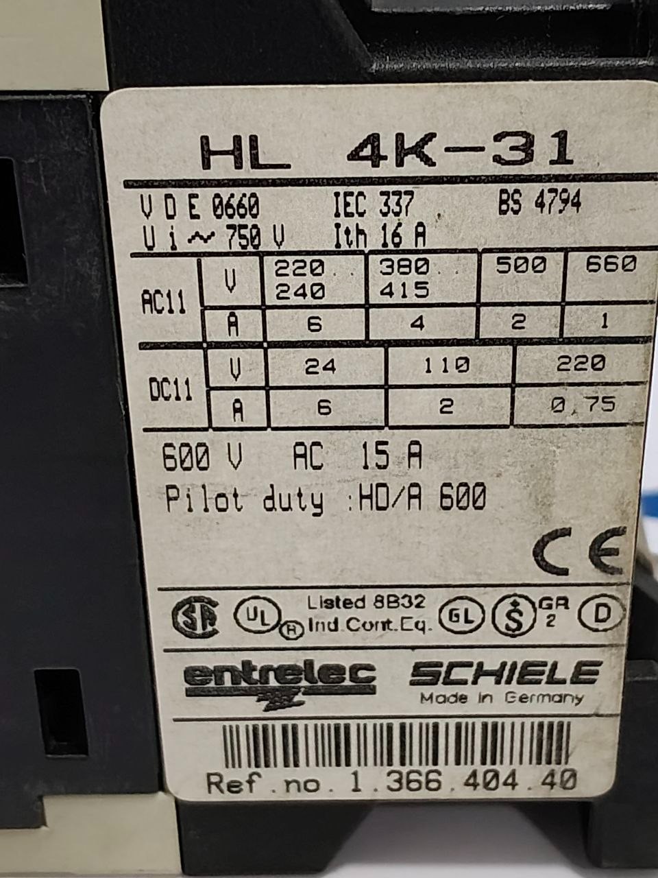 Entrelec Schiele HL4K-31 Contactor HL 4K-31