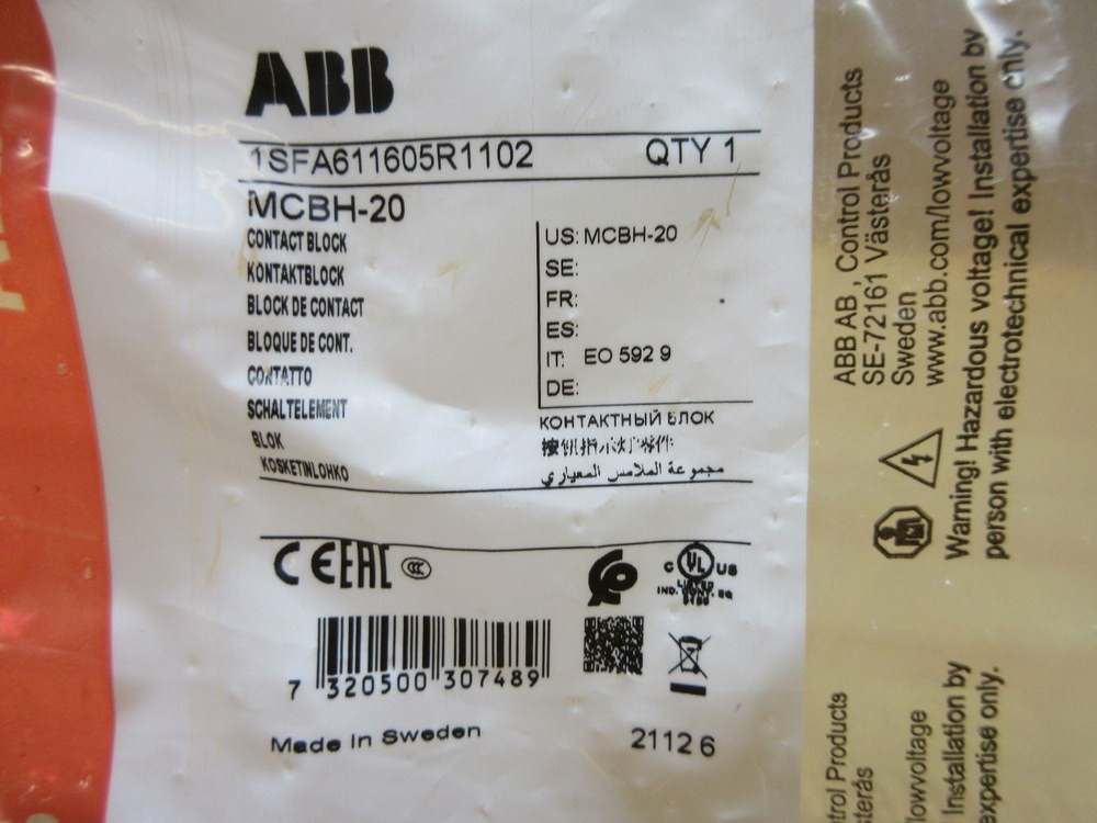 Asea Brown Boveri 1SFA611605R1102 ABB Contact Block Assembly MCBH-20