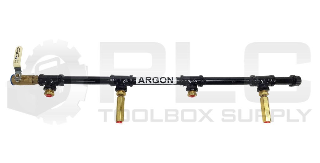 NEW ARGON GAS MANIFOLD 4-PORT w/ HYDRAPRO 600WOG-150WP VALVE, LOA 29″, 1/2″ NPT