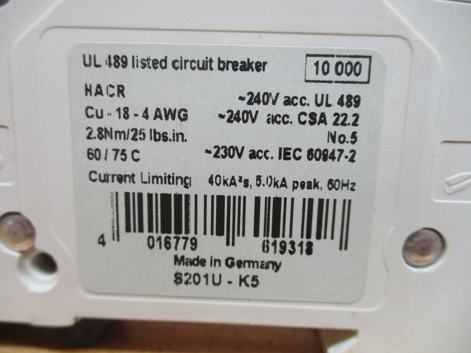 ABB S201U-K5A 5A Circuit Breaker S201UK5A