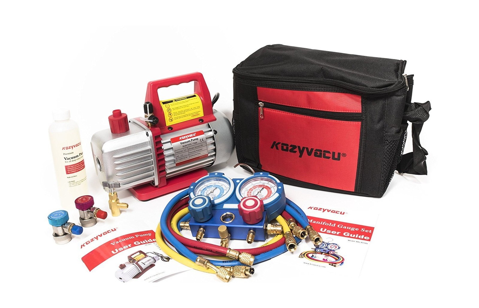 AUTO AC Repair Complete Tool Kit with 1-Stage 3.5 CFM Vacuum Pump, Manifold G…