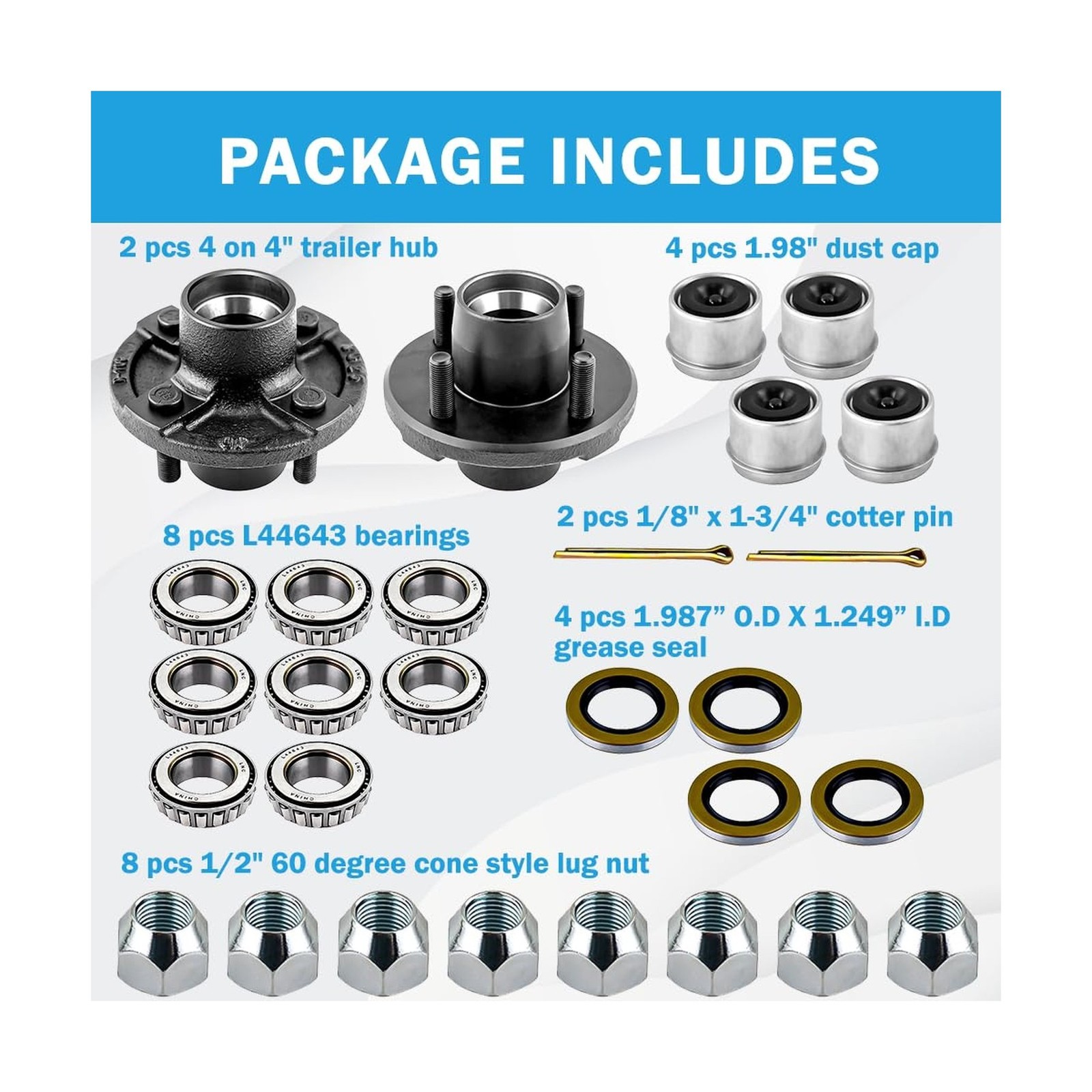 Trailer Idler Hub Kit 2000 lbs with 4 on 4″ Trailer Hub & Round BT8 Spindle,1…