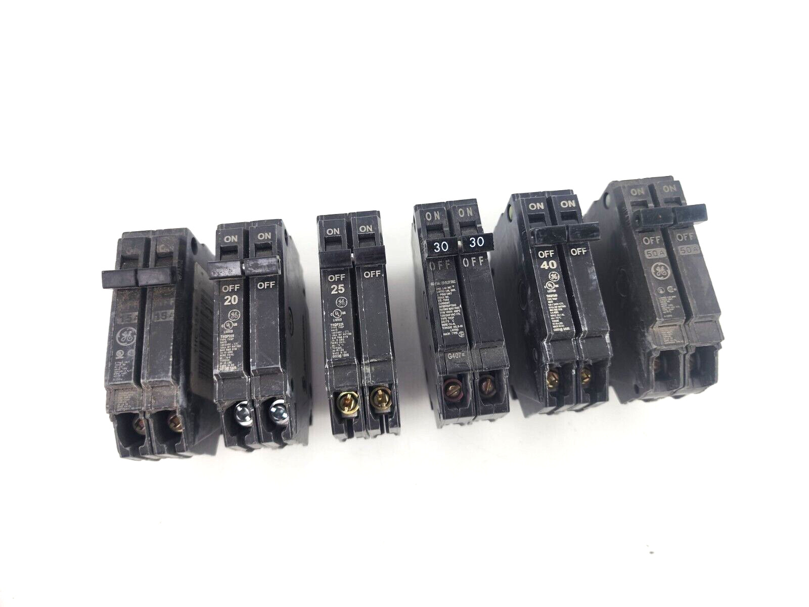 6pcs Used Mix Lot GE THQP 15A 20A 25A 30A 40A 50A Tandem 2 Pole Circuit Breaker