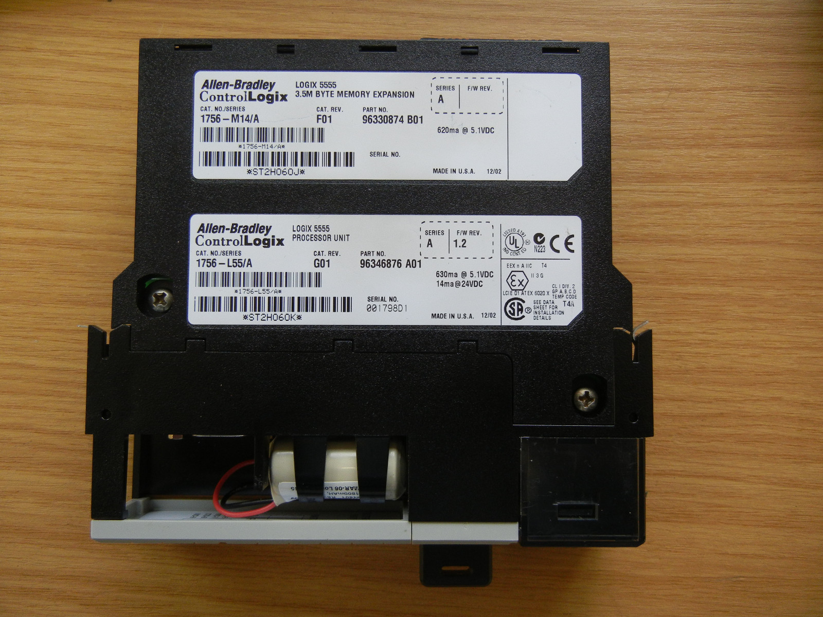 Allen Bradley 1756-L55/A CAT.G01 SER.A W/ 1756-M14/A CAT.F01 MEMORY