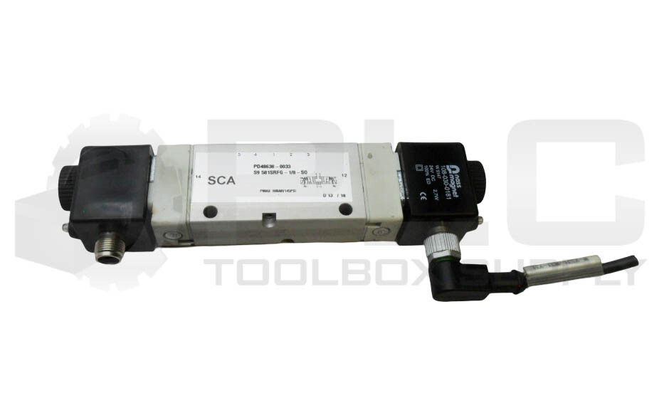 SCA PD48638-0033 SOLENOID VALVE S9 581SRFG-1/8-S0 W/ (2) 108-030-0181 COIL 24VDC