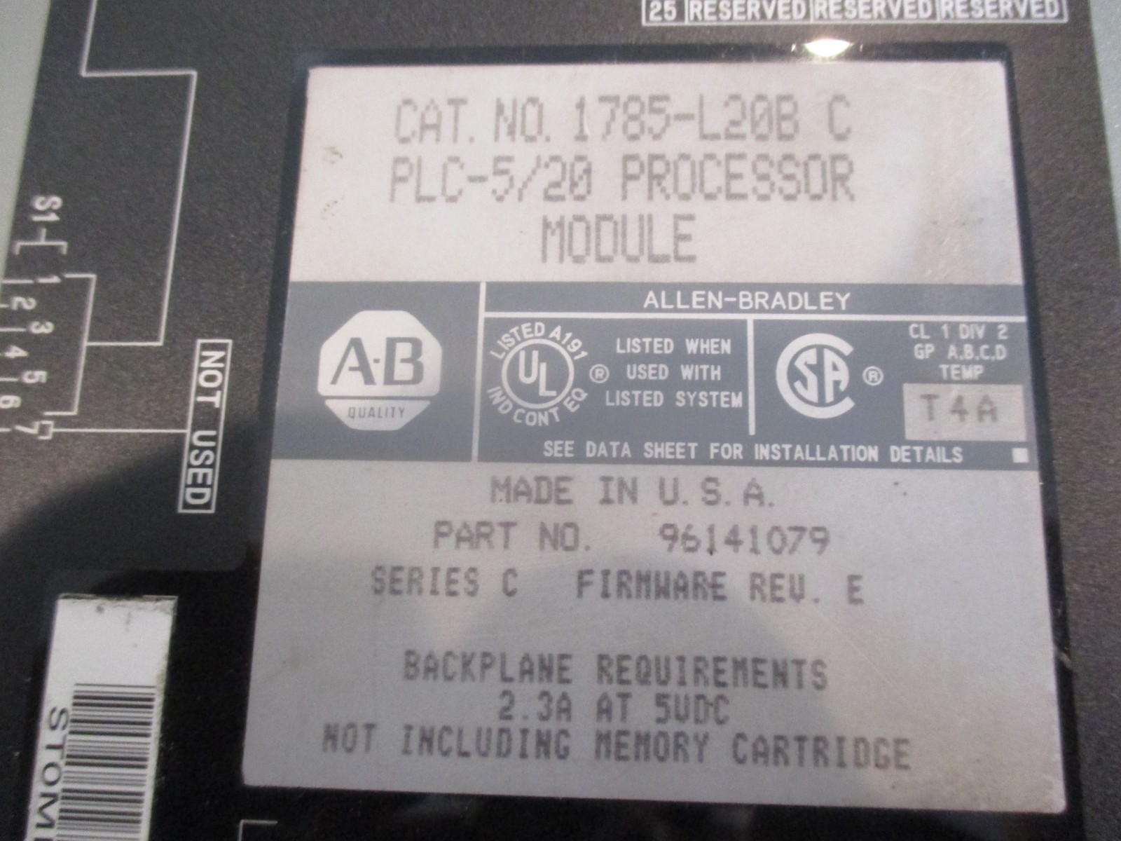 Allen Bradley PLC-5/20 Processor Module 1785-L20B/C 1785-L20B 96141079