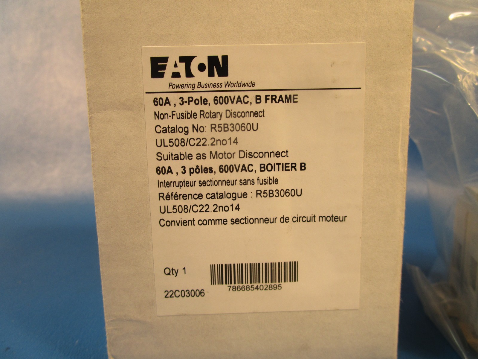 EATON R5B3060U, DISCONNECT SWITCH, ROTARY, B-FRAME, 60 AMP, 3P, 600VAC