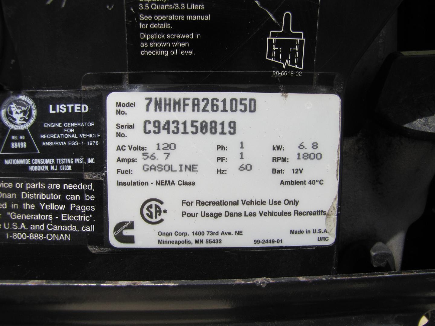 Cummins Onan Marquis 7000 Watt RV Mobilehome Gas Generator 120V Output
