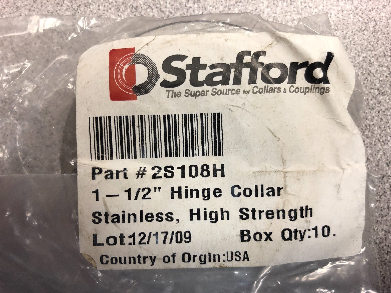 (4)PCS. Stafford 1-1/2 ID Hinge Shaft Collar Stainless , High Strength 2S108H