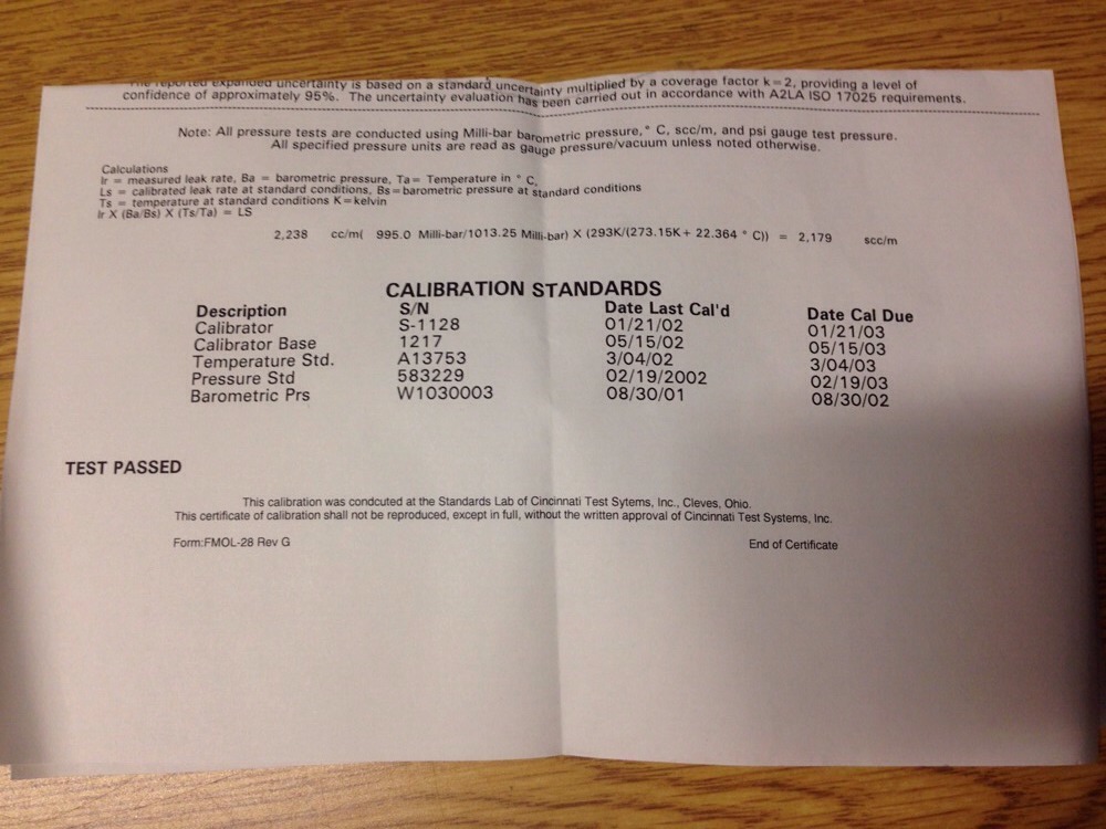 Cincinnati Test Systems 420-2166.00scc/m-40.0psig-21, EX0I1545, I-1545#1645Q3