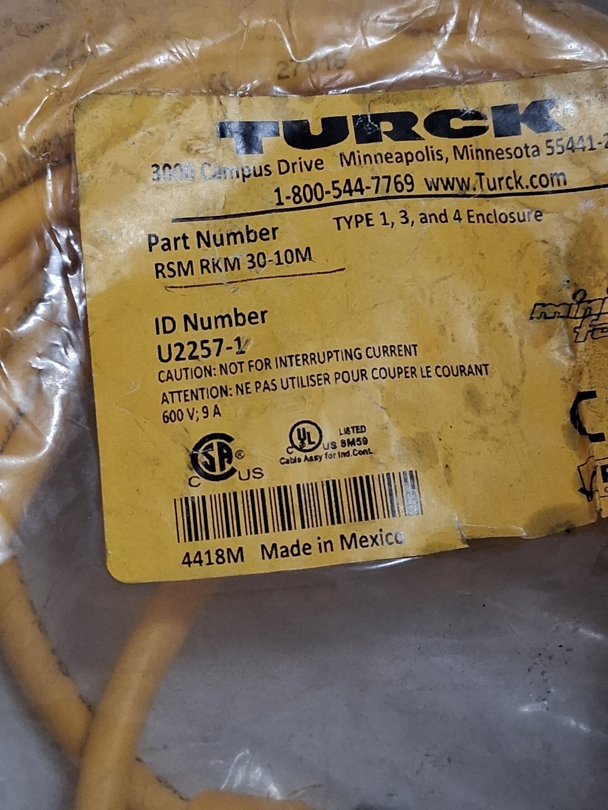 TURCK RSM RKM 30-10M (U2257-1) CORDSET DOUBLE ENDED 3 PIN M/F 600V 9A NIB