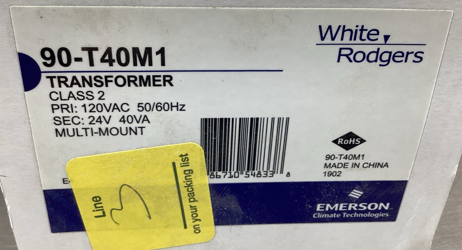 White Rodgers 90-T40M1 Transformer Class 2 120VAC 50/60Hz 4E-47
