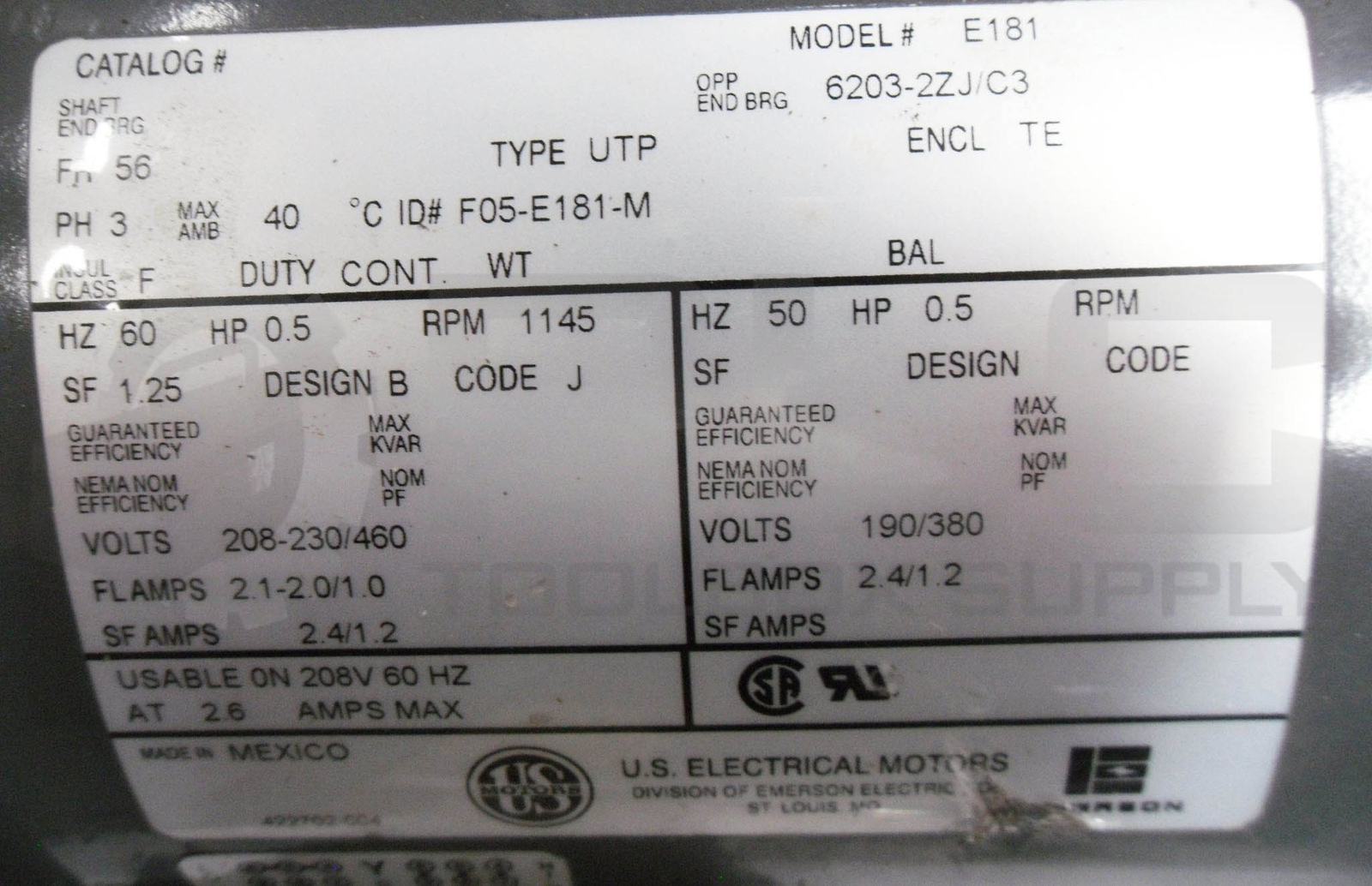 NEW US MOTORS E438 SYNCROGEAR MODULE RATIO: 58.0, E181 MOTOR 1/2HP 1145PM FR: 56