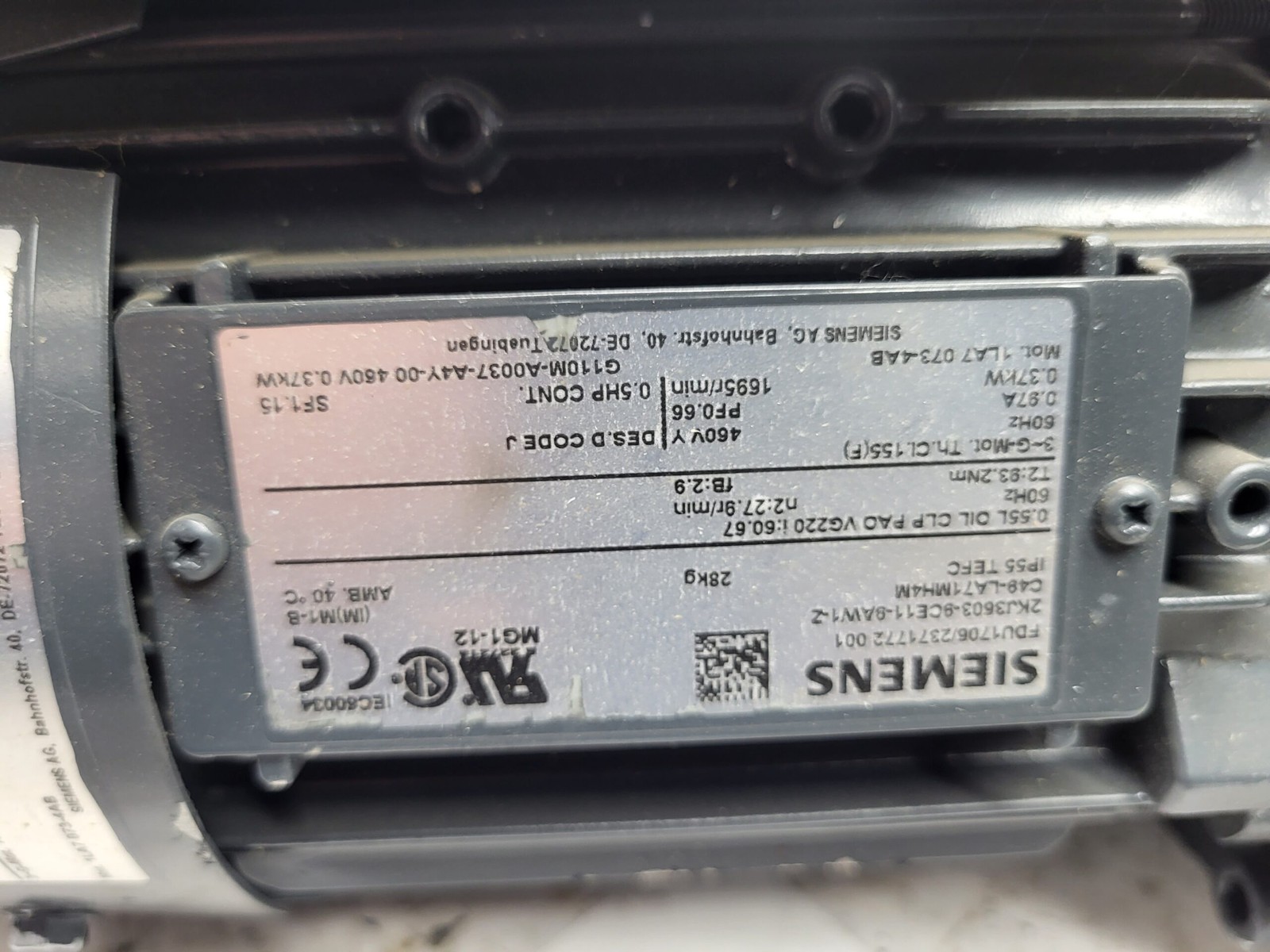 SIEMENS 2KJ3603-9CE11-9AW1-Z MOTOR 0.37kW 1695RPM w/ SINAMICS G110M PM240M DRIVE