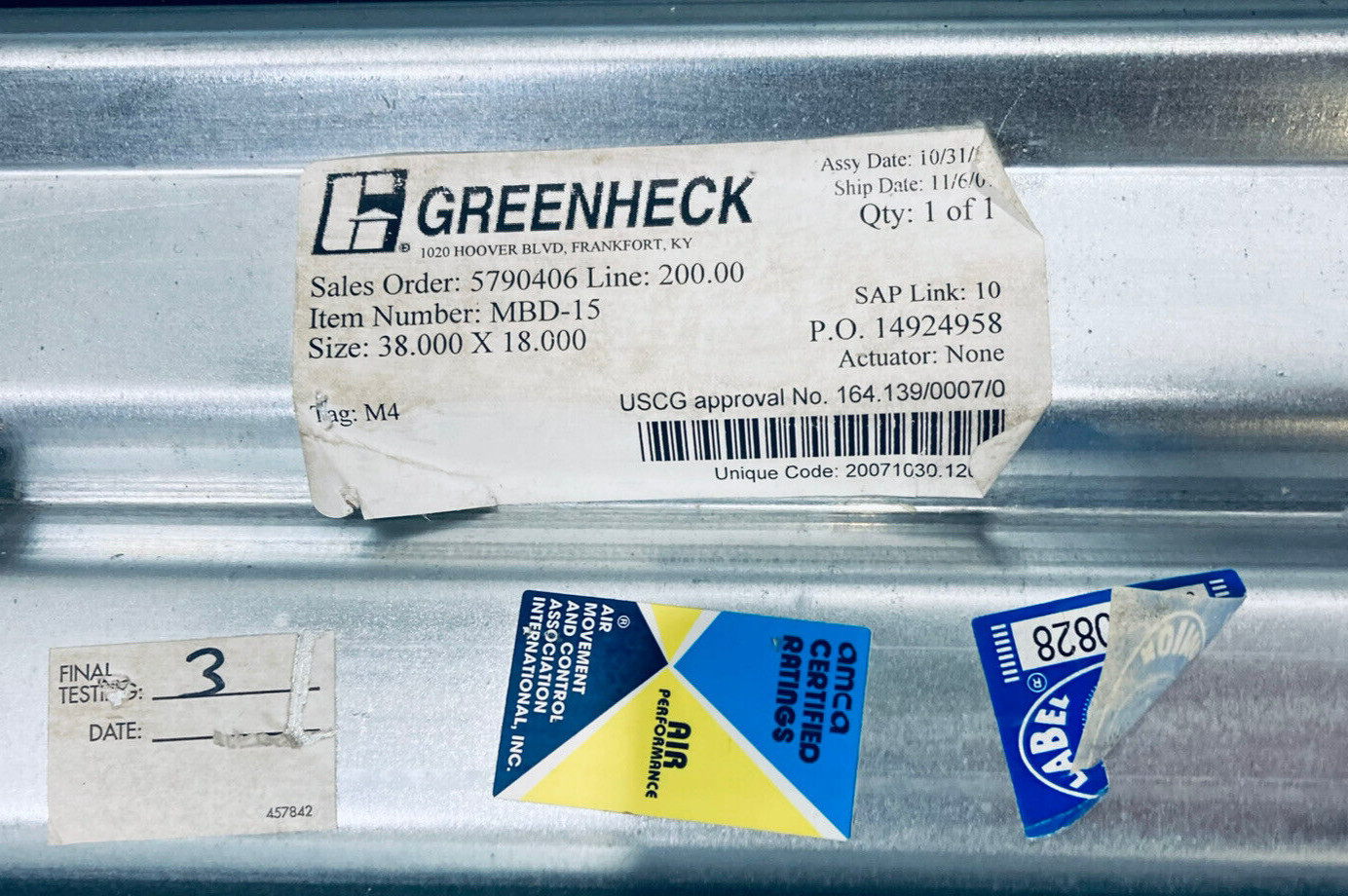 UNUSED GREENHECK MBD-15 GALVANIZED MANUAL BALANCING DAMPER 38″X18″ MULTI-BLADE