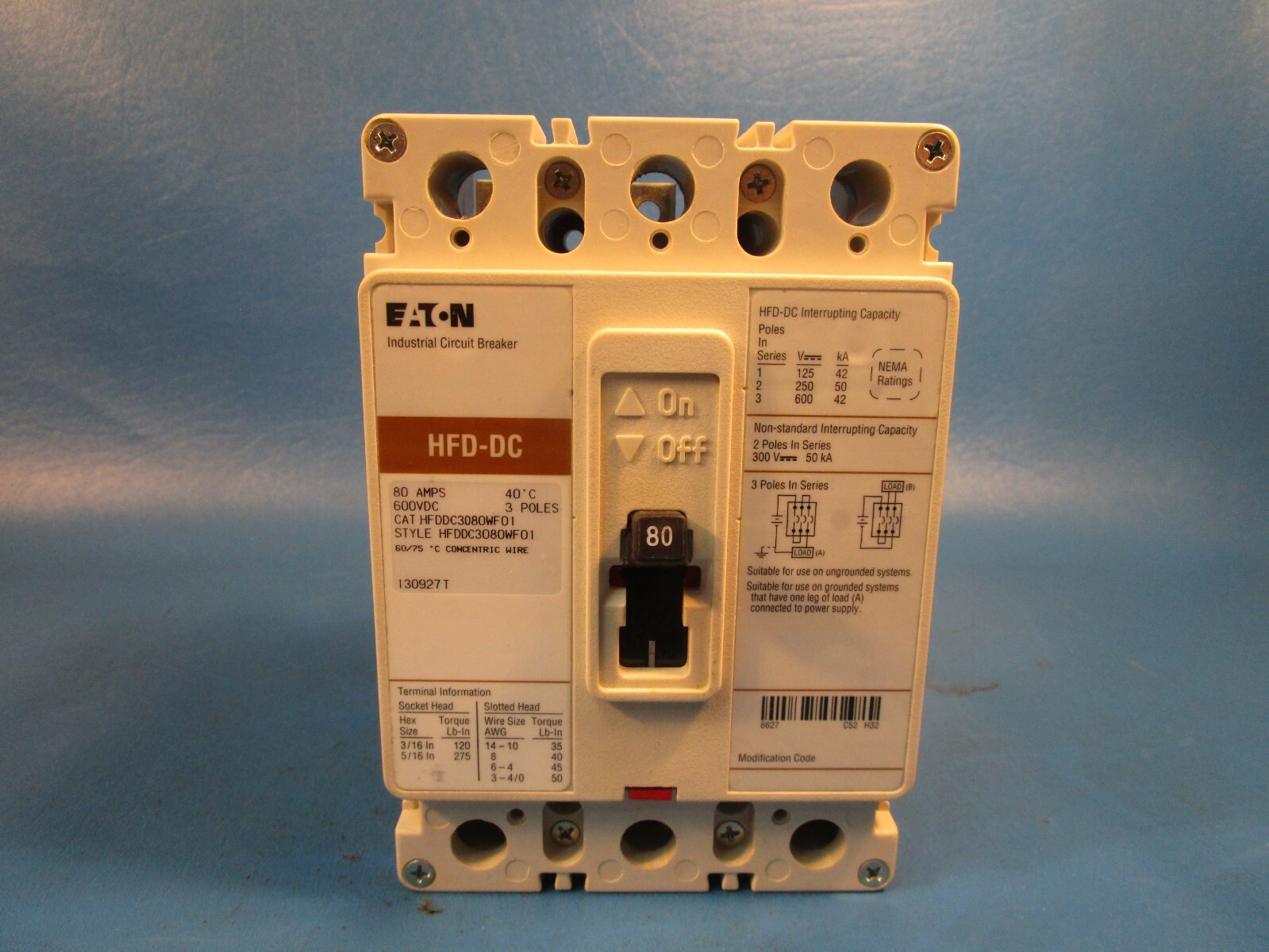 Eaton HFDDC3080WF01, Molded Case Breakers (MCCBs) HFD 3P 80A 250V 50/60Hz 3Ph F