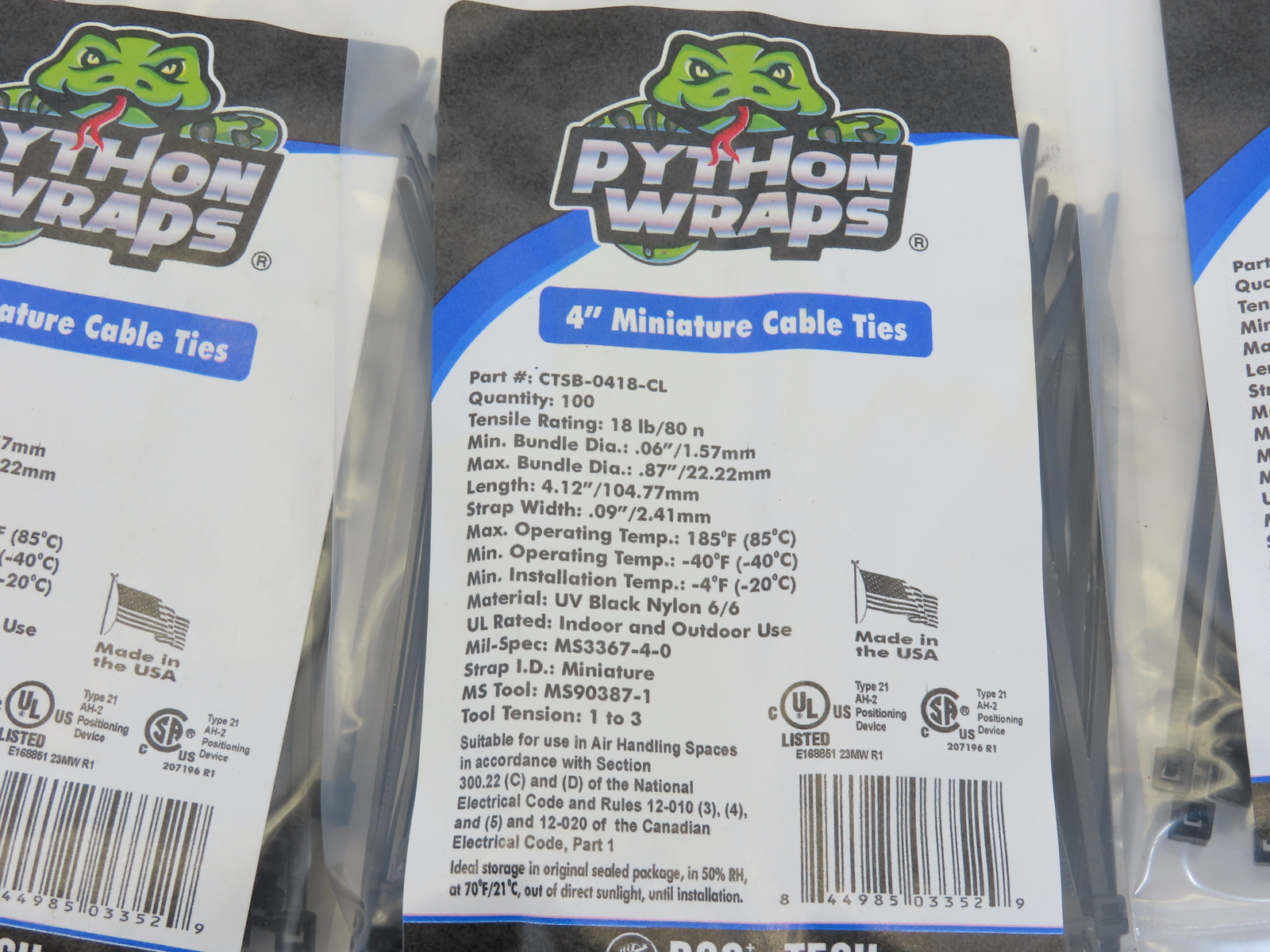 Python Wraps 1000 4″ BLACK WIRE CABLE 18 LB ZIP TIES NYLON TIE WRAPS Made in USA