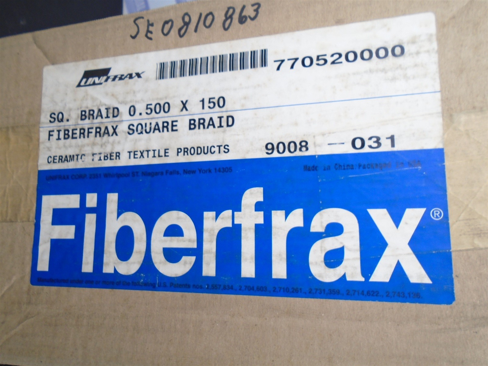 FIBERFRAX – High Temp CERAMIC SQUARE BRAID 770520000 – 1/2 in. 0.500 x 150ft NEW