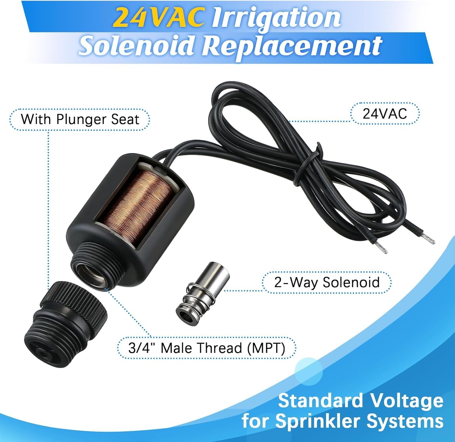 1 Pack 24VAC Irrigation Valve Solenoid Replacement, 2-Way Solenoid with Plung…