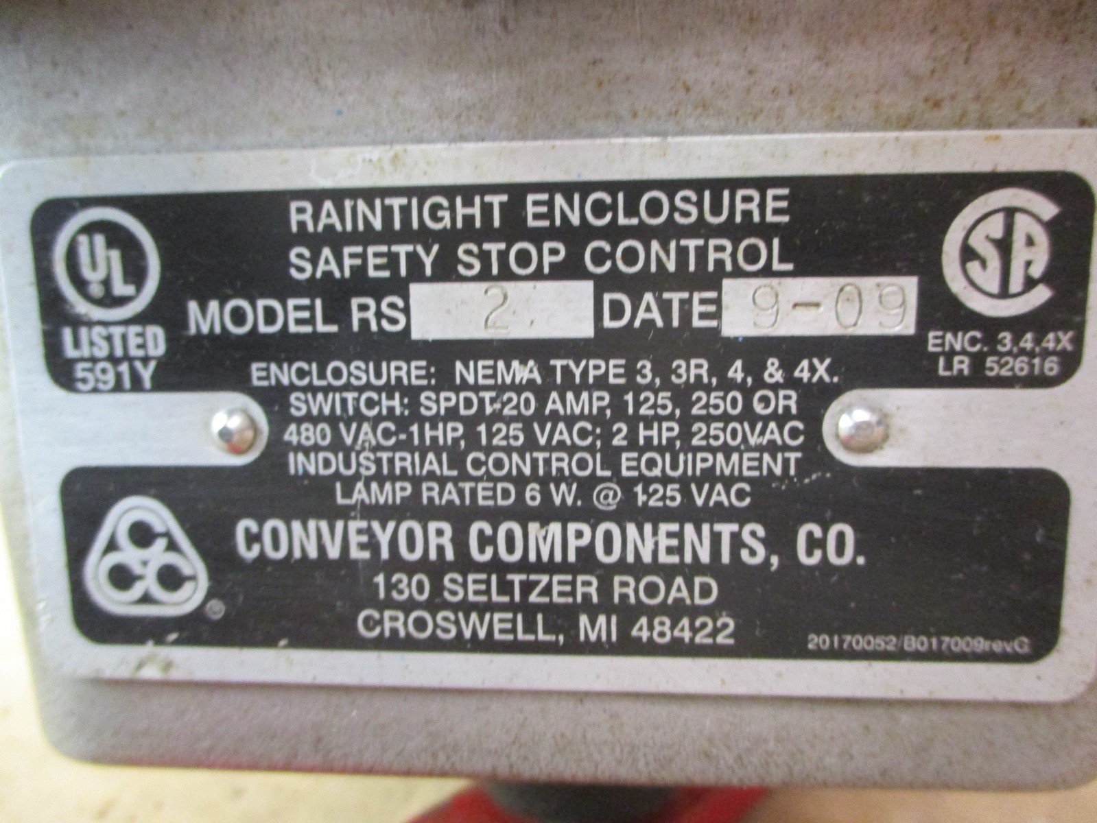 Conveyor Components Co. RS2 Raintight Enclsoure Safety Stop Control 53484WVS
