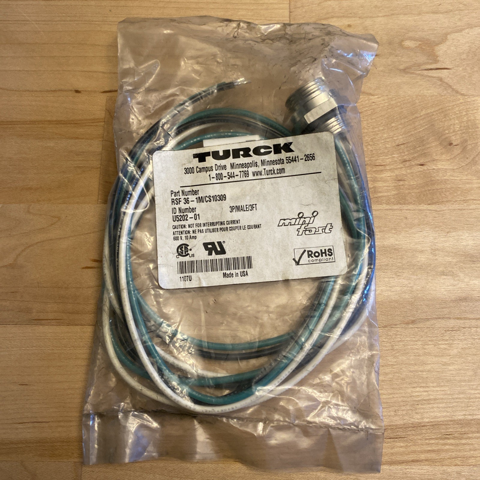 Turck RSF 36-1M Connector Male Receptacle Mini Fast 3 Pin Bulkhead Connector 1M