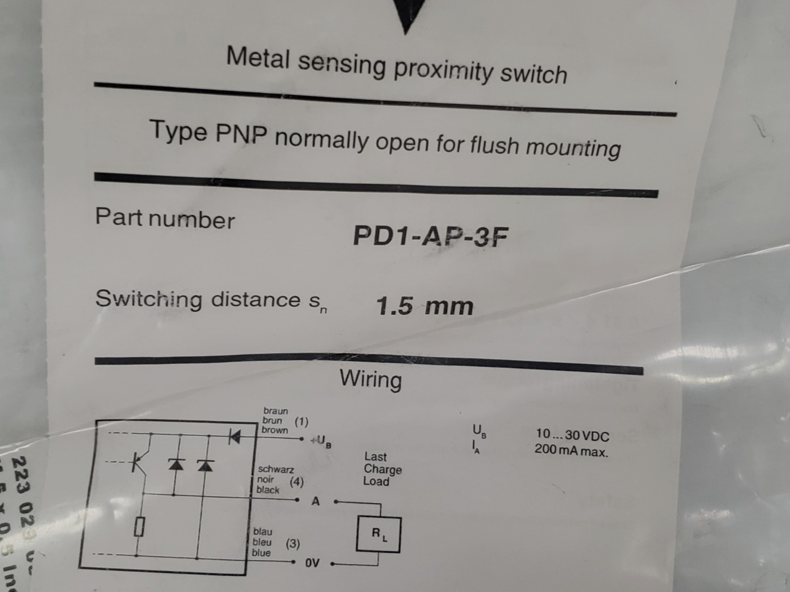 AUTOMATION DIRECT PD1-AP-3F INDUCTIVE PROXIMITY SENSOR 5 MM PNP N.O. NIB