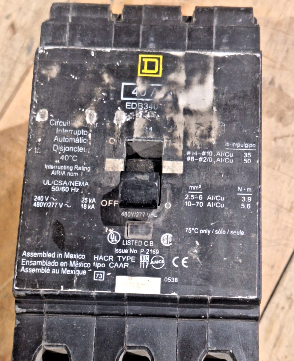 SQUARE D EDB34040 CIRCUIT BREAKER 40A 3P 480Y/277V USED CONTINUITY TESTED
