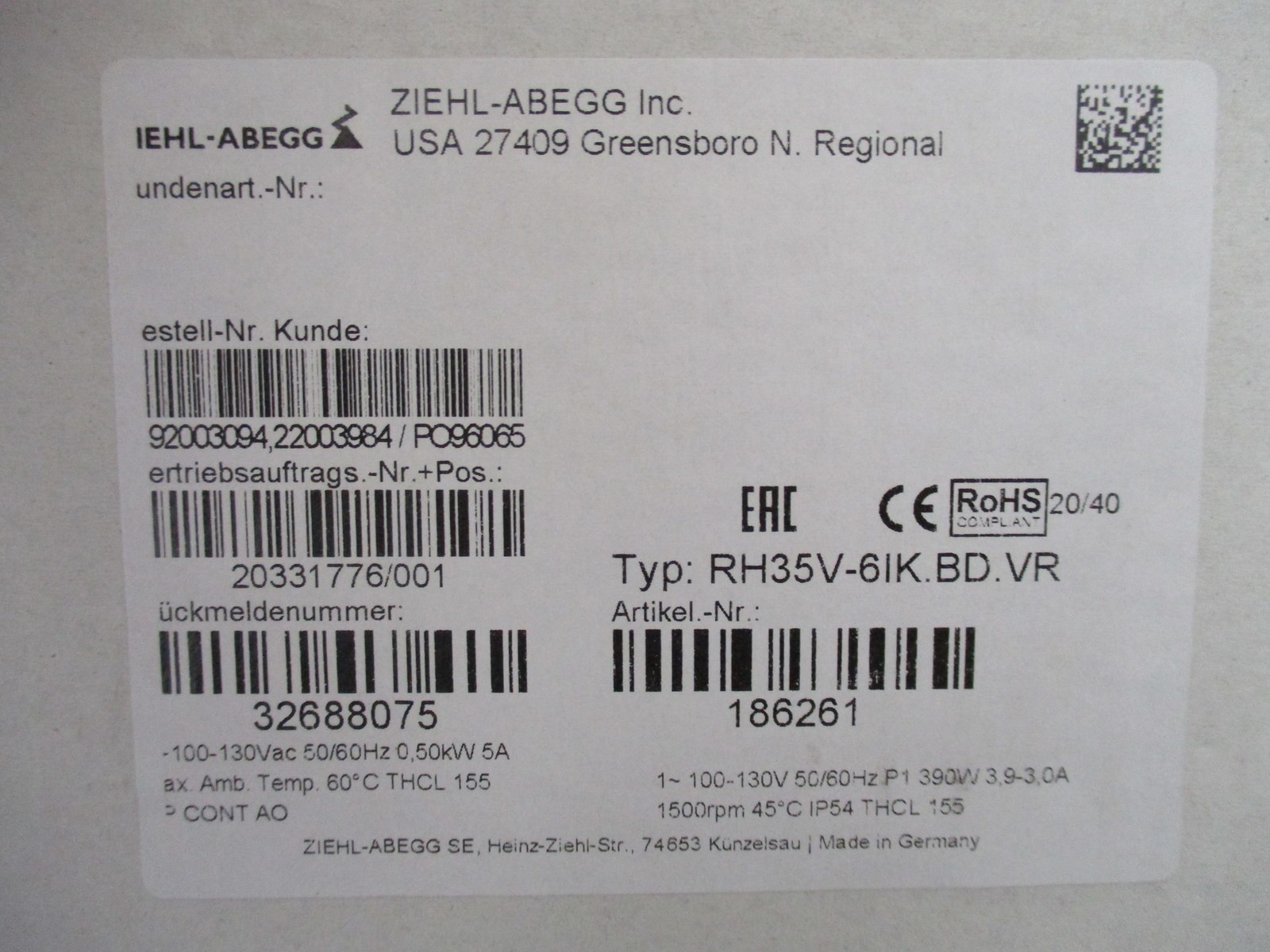 Ziehl-Abegg RH35V-6IK.BD.VR Centrifugal Fan 186261