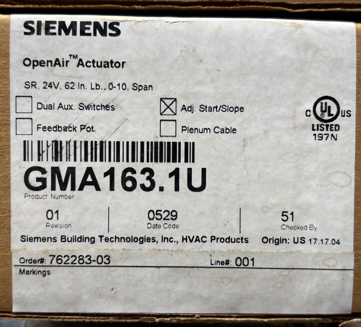 SIEMENS Open Air Actuator GMA16131U Adjustable Start/Slope HVAC NOS