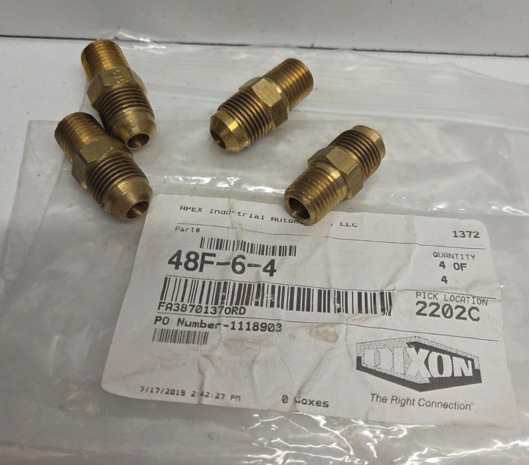 LOT OF 4 NEW IN BAG! DIXON 1/4″-18 THREAD FLARED TUBE 3/8 MALE CONNECTOR 48F-6-4