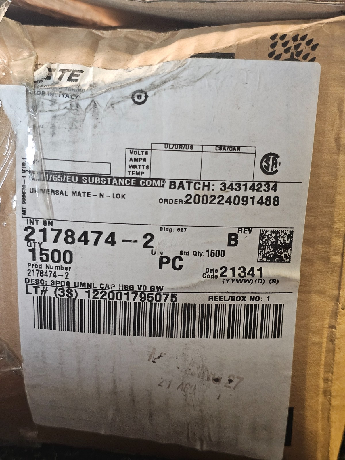 (QTY 1500) TE Connectivity 2178474-2 3 Position, Cap, Housing, Wire-to-Panel