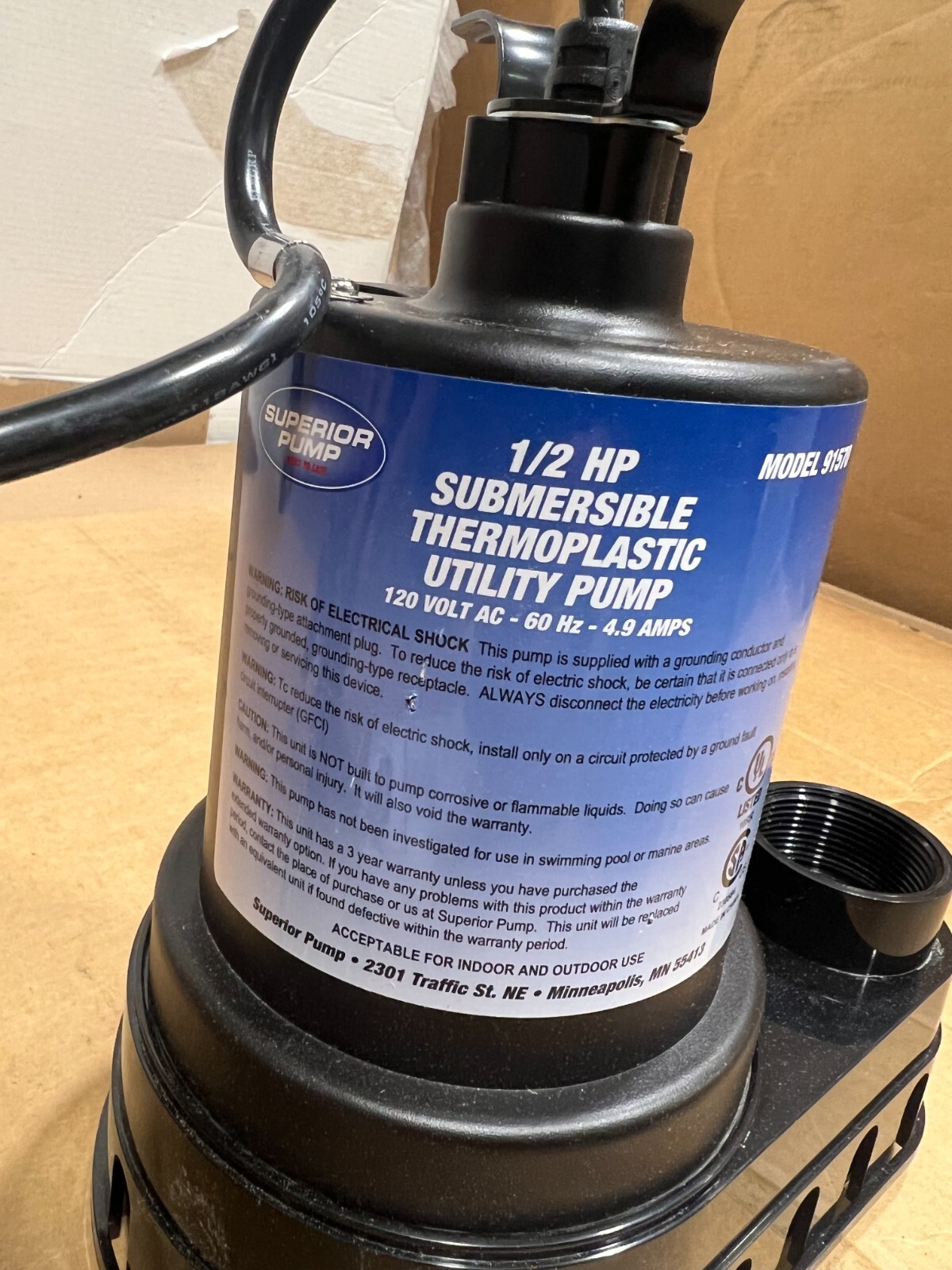 Superior Pump Thermoplastic Submersible Utility Pump 1/2 HP MODELS: 91270/25 ..