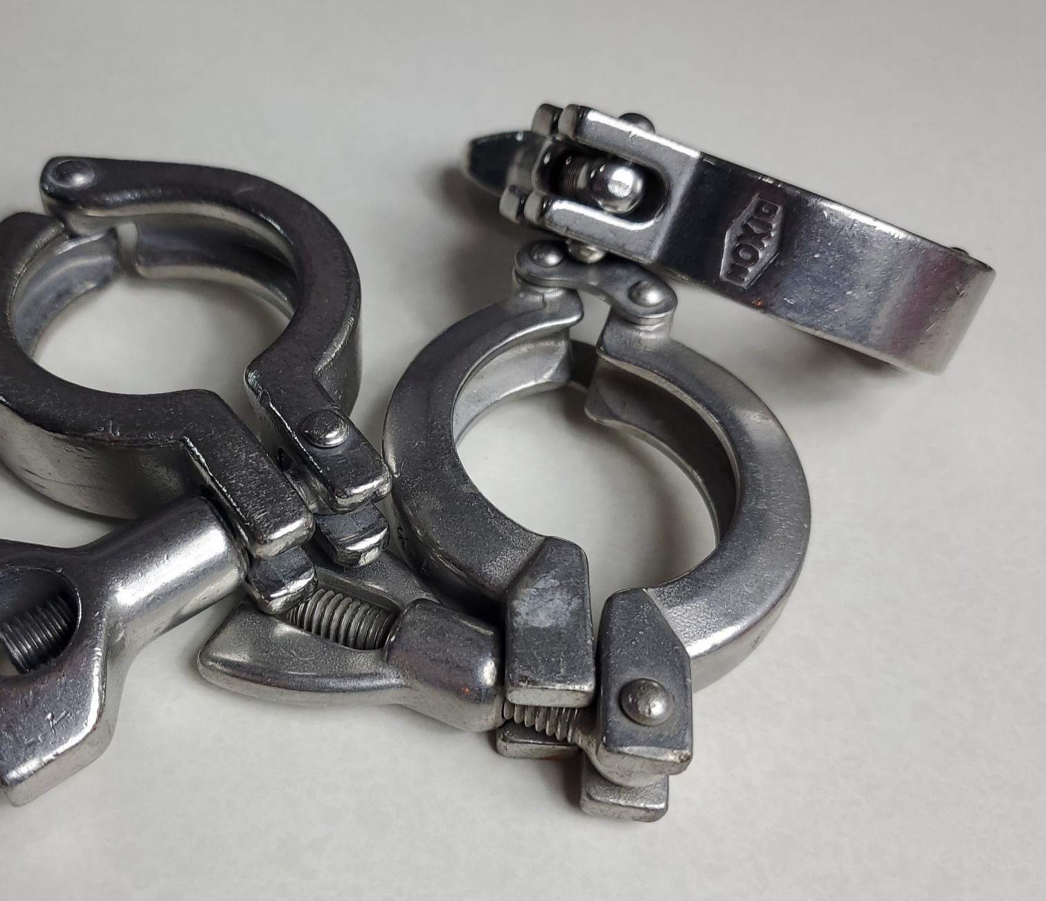 Lot of 3 Sanitary Tri Clamp 1.5 Inch Stainless Pipe Clamps Dixon and Generic