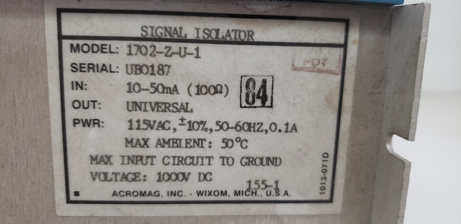 ACROMAG 1702-Z-U-1 SIGNAL ISOLATOR, IN:10-50mA, OUT:UNIVERSAL, 115VAC, NNB