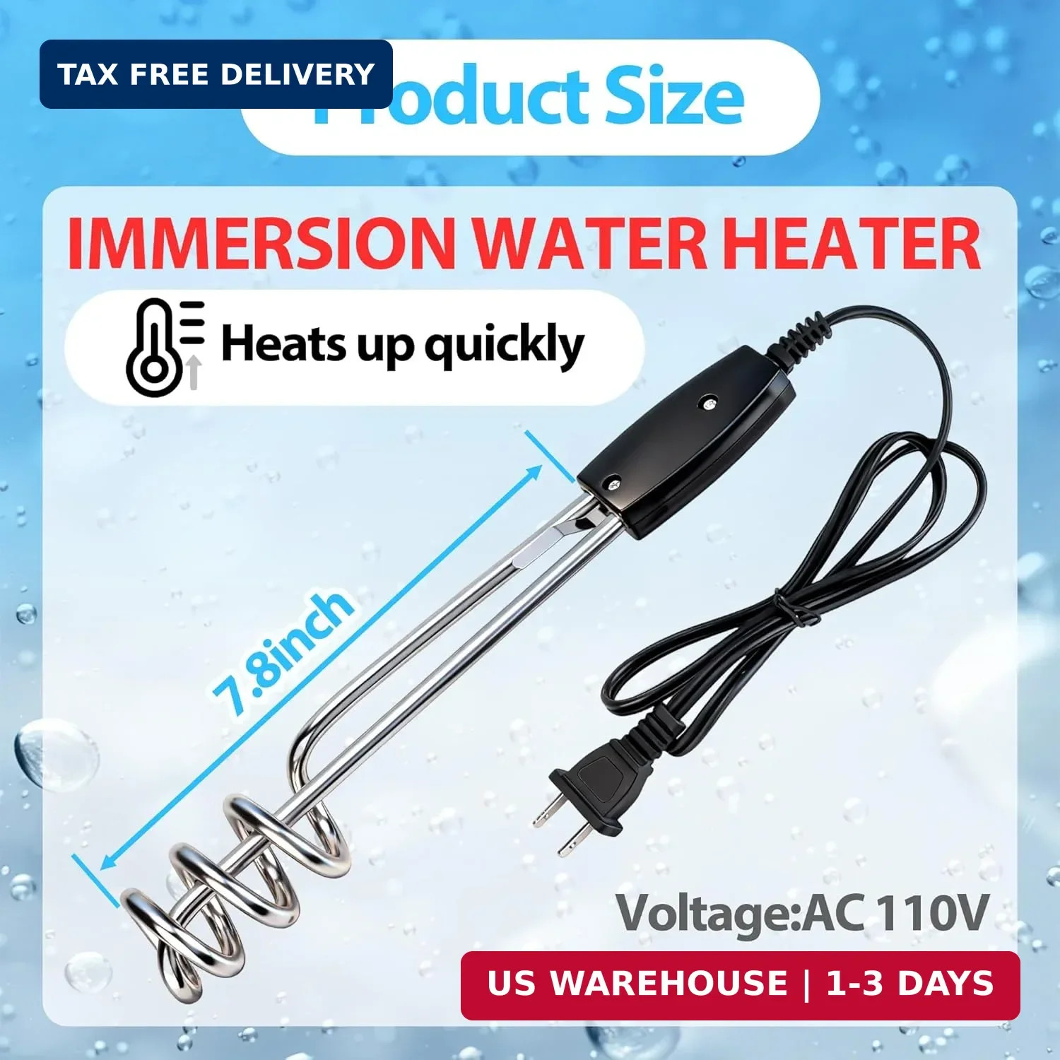 2-pack 1000W 110V Immersion Water Heater | 10in Portable Electric Heater Element