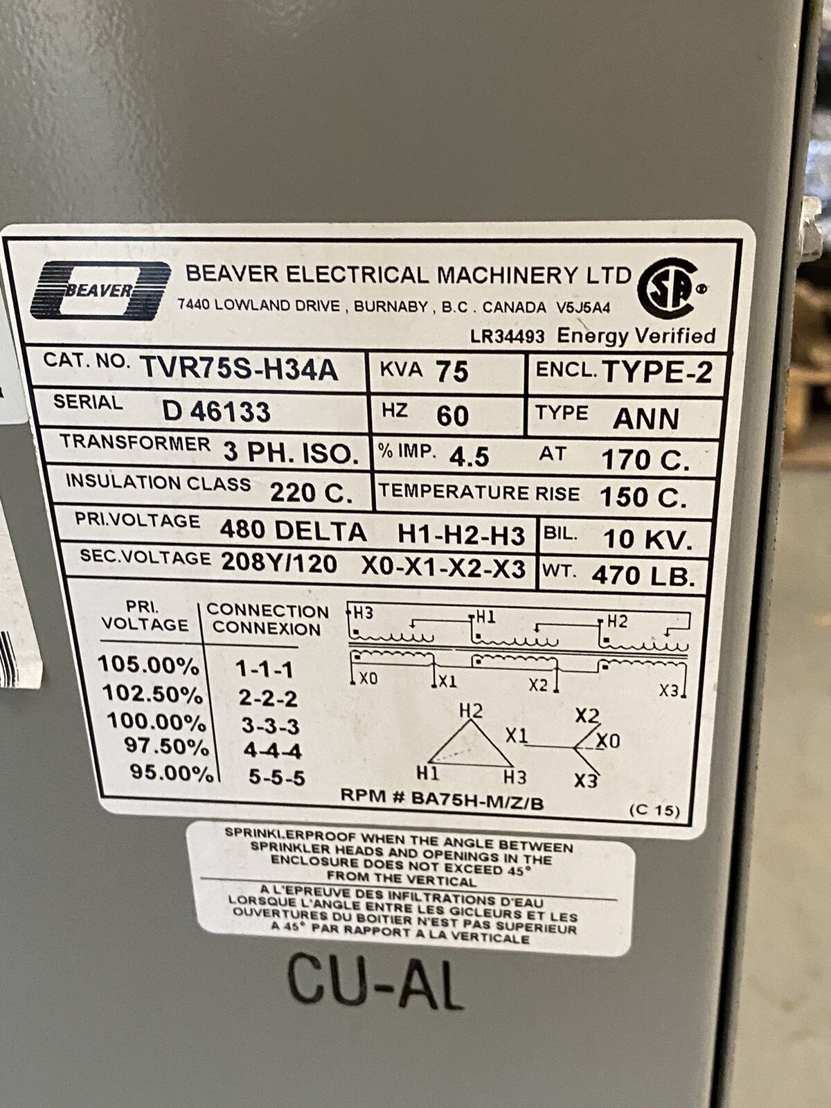 Beaver TVR75S-H34A Distribution Transformer
