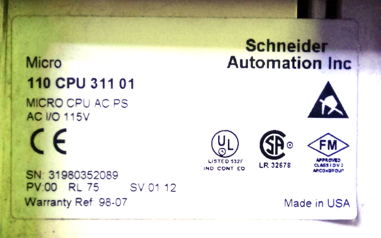 1 USED SCHNEIDER MODICON 110CPU31101 MICRO CPU AC PS AC I/O 115V **MAKE OFFER**