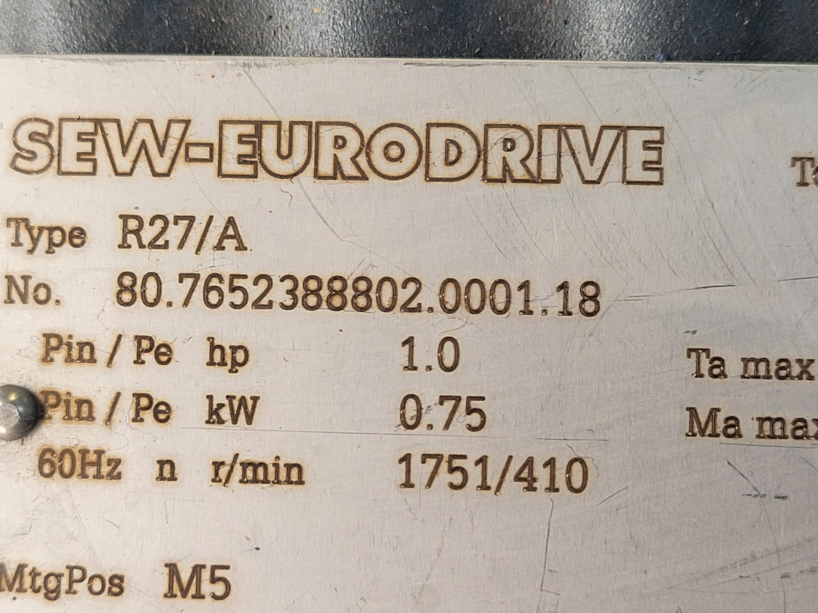 SEW Euro-Drive R27 DRN80M4/Type R27/A Motor Drive.