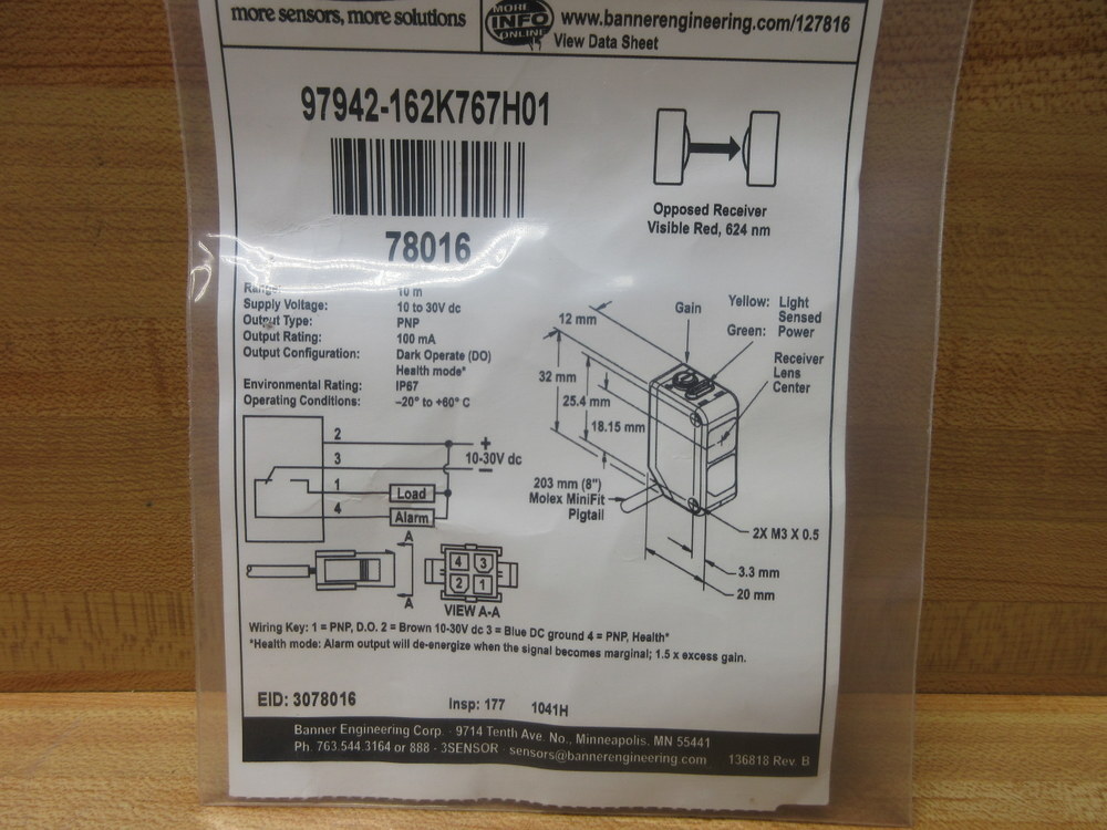 Banner 97942-162K767H01 Photoelectric Sensor 97942162K767H01